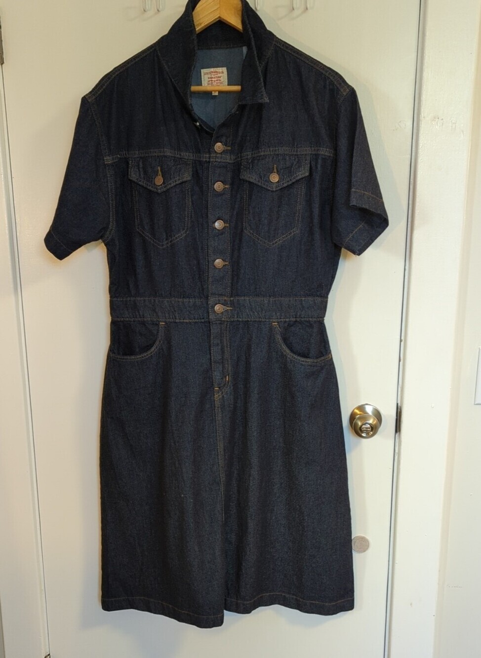 Classic Dark Blue Denim Short-Sleeve Jean Overalls Dress